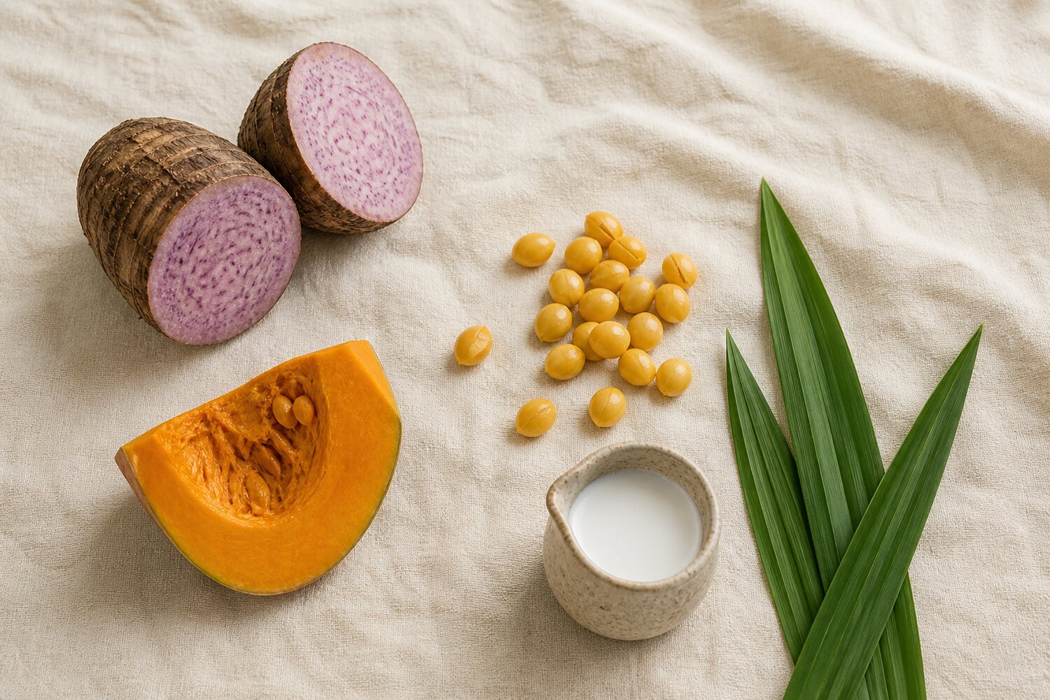 Taro, gingko, pumpkin, coconut and pandan laid out