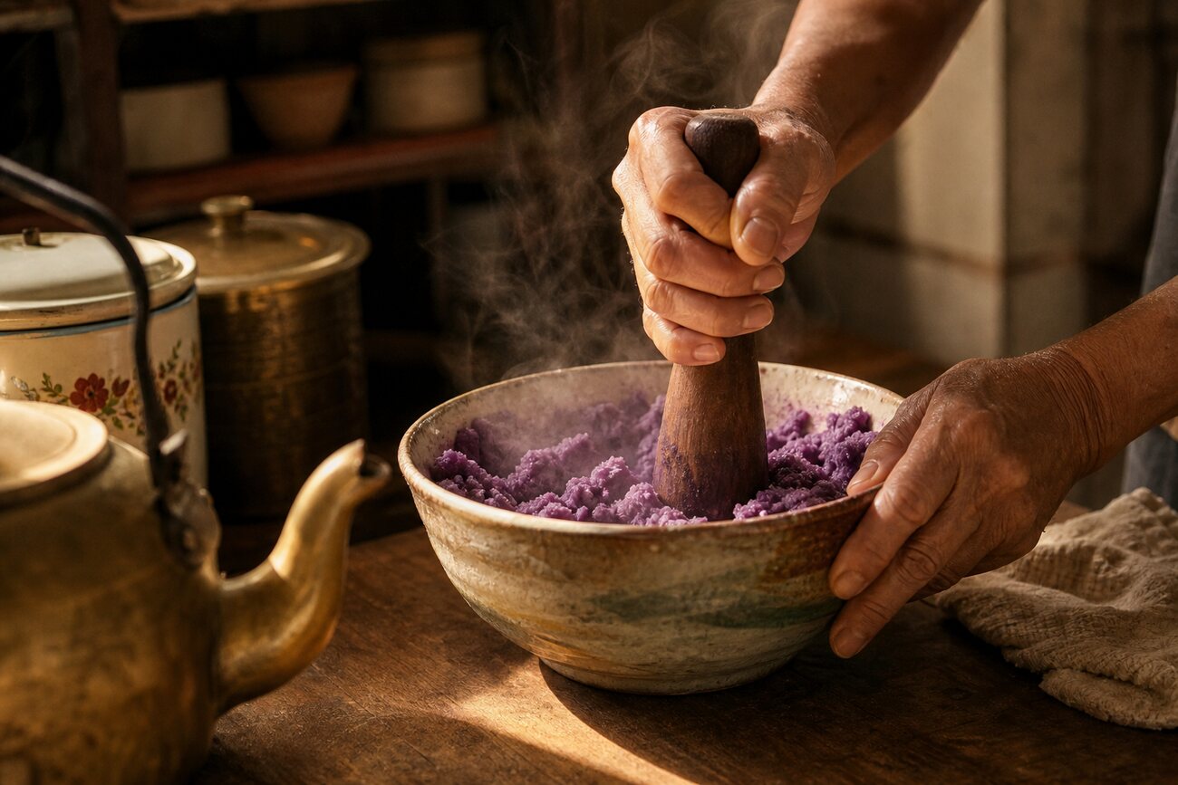 Steamed taro being hand-mashed in a traditional kitchen